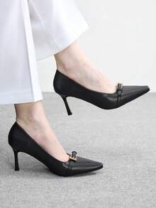 CUCCOO BIZCHIC 女士鞋履 春秋新款 法式小方头细高跟黑色搭扣简约优雅通勤舒适女鞋 - 黑色 - 查看 4