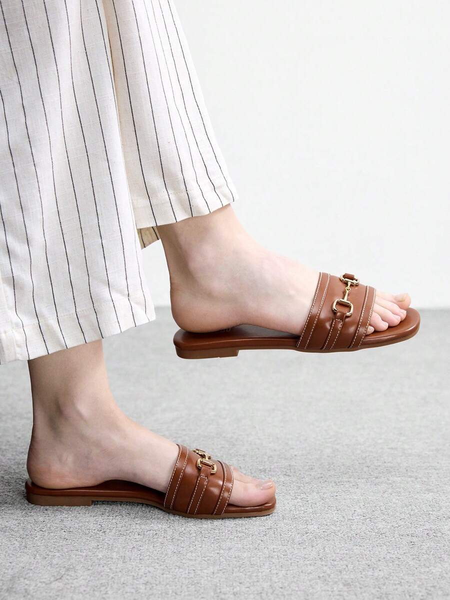 CUCCOO BIZCHIC Women's  Black/Brown Gold Buckle Slide Sandals Contrast Stitching Flat Slippers Casual Summer Daily Shoes - Brown - View 1