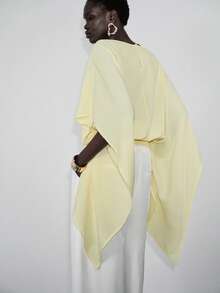 SHEIN x Rafa Kalimann Lumivelle ملابس علوية نسائية بلون موحد بياقة قارب وأكمام خفاشية فضفاضة قصيرة، توب ربيعي/صيفي بلون أصفر فاتح، توب صيفي أنيق للبرانش - أصفر - مشاهدة 2