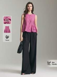 Ontre 2026SS New Solid Pink Round Neck Sleeveless Fashion Versatile Women's Shirt, Suitable For Valentine's Day, Wedding Season, Wedding Guest Attire, Holiday Party, Romantic Valentine's Day, Sleeveless Top, Designed, Loose Fit, Spring/Summer, Women's Office Wear, Women's Casual Outerwear, Casual, Spring/Summer Women's Clothing, Independence Day, Urban Chic, Minimalist Stylish Commuter Women's Shirt - Pink - View 7