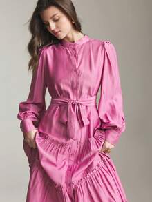 Ontre Women's Elegant Pink Long Sleeve Shirt Dress,Autumn Tea Party Solid Color Waist Loose Fit Maxi Dress,Minimalist Office Wear Wedding Guest Holiday - Pink - View 5