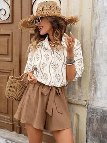 Brillora 女士夏季度假休闲拼接短袖系带连体裤，度假，度假风，波西米亚风，波西米亚风格，波西米亚风卡其色连体裤，音乐节乡村风连体裤，女士休闲装，女士海滩度假装，女士夏季短款套装，女士短款套装，女士优雅夏季装，女士度假短款套装 - 彩色 - 查看 7