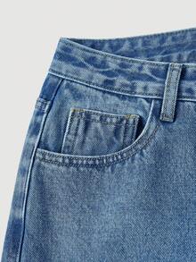 SHEIN MOD 女士休闲日常爱心刺绣斜插口袋阔腿牛仔裤 - 藍色 - 查看 6