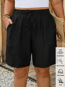 SHEIN LUNE 加大码女式抽绳腰口袋舒适休闲短裤海滩度假女士机场黑色短裤女士休闲短裤夏季 - 黑色 - 查看 2