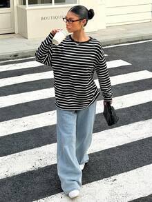 Muchica 女士宽松黑色条纹露背系带长袖T恤，适合外出、返校季、街头风格、露背上衣 - 黑色 - 查看 5