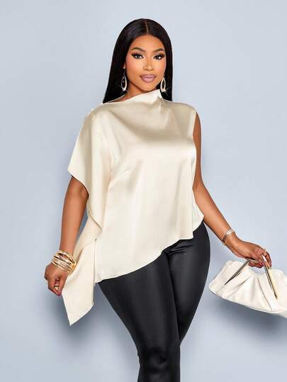 SOLERSUN Plus Size Women's Spring And Summer Fashion, Elegant And Sexy Casual Vacation Sleeveless Shirt/Blouse, Asymmetrical Version, Asymmetrical Hem, Shoulder Buttons, Ruffle Edge, Solid Color, Apricot Satin Fabric Suitable For Daily Wear, Shopping, Dating, Music Festival, Back To School Season, Office ,Fashionable Commute