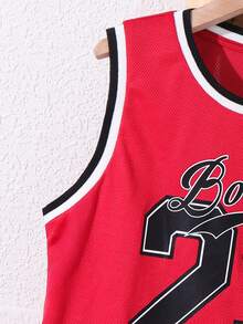 SHEIN 2pcs Tween Boy Casual Loose Sports Letter Graphic Tank Top And Shorts Set, Suitable For Commuting, School, Daily Casual Wear, Sports, Spring/Summer - Red - View 5