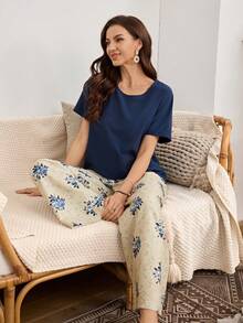 Serenescape 2 pièces Ensemble pyjama avec Top à manches courtes col rond ample en couleur unie froissée et pantalon large à imprimé floral - Multicolore - Voir 8
