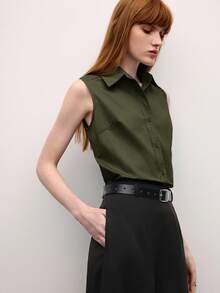 BizChic 女士翻领无袖纽扣衬衫，百搭实用，适合办公室、正式场合、优雅都市通勤、休闲场合，以及充满浪漫90年代复古风情的场合，例如派对、毕业典礼、日常穿着、婚礼宾客、伴娘、主持人、外出、社交活动、音乐会、毕业典礼、早午餐、机场等。 - 軍綠色 - 查看 6