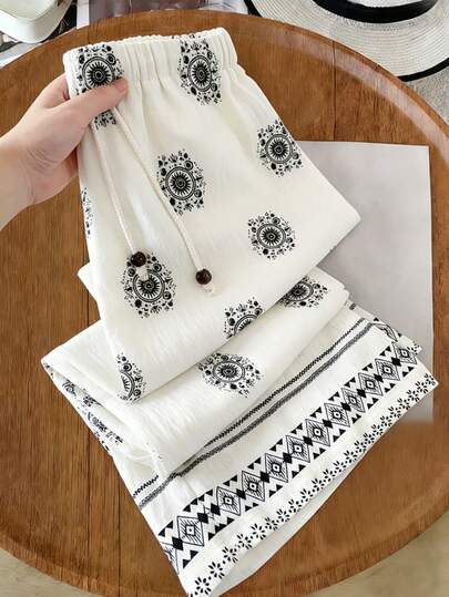 Rusticease Pantalones casuales de pierna ancha con cintura elástica y estampado floral para mujer