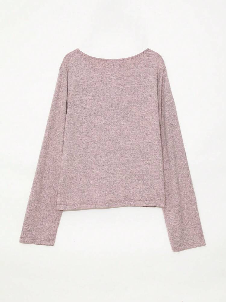 Dazy Plus Plus Size Women V-Neck Solid Color Elastic Bow Decor Hollow Long Sleeve Gray T-Shirt