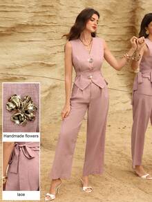 Modelyn 2pcs/Set Women Lady-Like Pink Tie-Up Waist Design Metal Buckle Sleeveless Vest And Wide Leg Pants - Pink - View 5