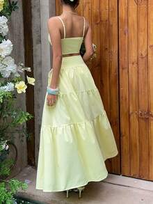 MainGRL 女士黄色编织休闲度假风系带吊带背心和迷你裙套装，春夏款 - 芥末黃 - 查看 2