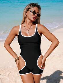 Swim SPRTY Women's Backless Tie-Knot Design One-Piece Swimsuit, Sexy & Revealing, Suitable For Beach Vacation, Pool Party, Beach Party - Black and White - View 9