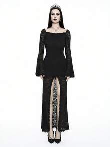 Glisette Gothic Style Lace Patchwork Long Sleeve Bodycon Dress, Slim Fit Elegant Dress For Women,Black Autumn Vampire Witchy Funeral Demon Party Night - Black - View 3
