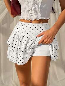 SHEIN EZwear 女士休闲度假通勤波点印花层叠下摆半身裙，夏季 - 白色 - 查看 7