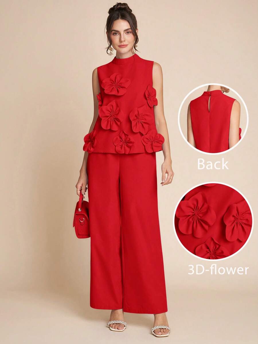 Amorya 女士时尚优雅浪漫 3D 花卉上衣和阔腿裤两件套 - 紅色 - 查看 1