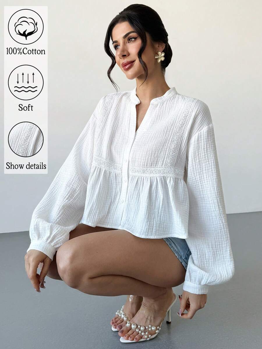 Rafferiza Áo sơ mi nữ dáng rộng tay ngắn, cổ chữ V, vai rớt, chất liệu crepe, chất liệu cotton nguyên chất, kiểu dáng thường ngày. - trắng - Xem 1