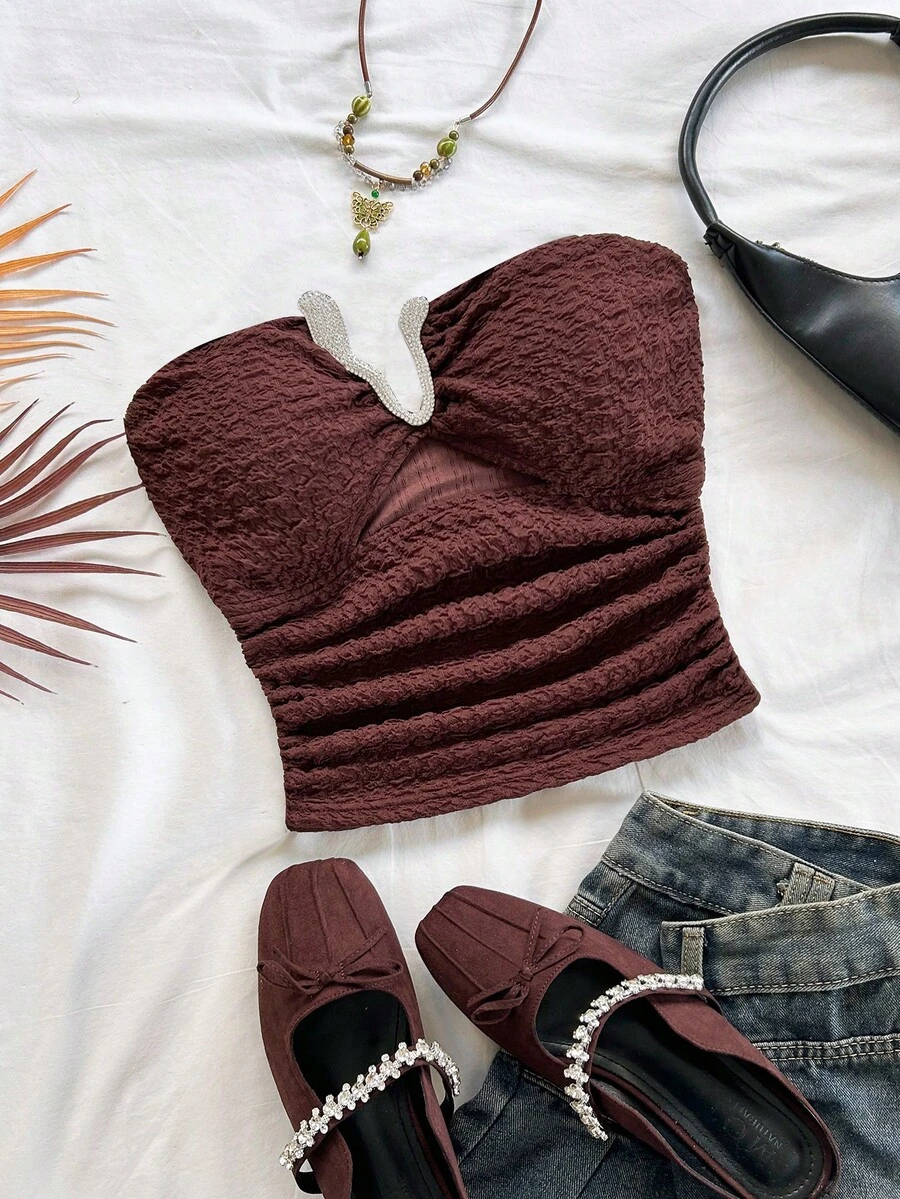 Soleia Áo quây nữ kiểu dáng thường ngày đính đá lấp lánh, thích hợp cho mùa hè. - Cà phê nâu - Xem 1