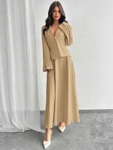 Firerie Bộ áo blazer và chân váy xòe màu trơn, tay dài, cổ chữ V, kiểu dáng tối giản. - màu nâu - Xem 6