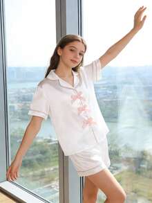 Teen GirlWhite Faux Silk & Ribbed Fabric Contrast Trim Shirt & Shorts Pajama Set - White - View 5