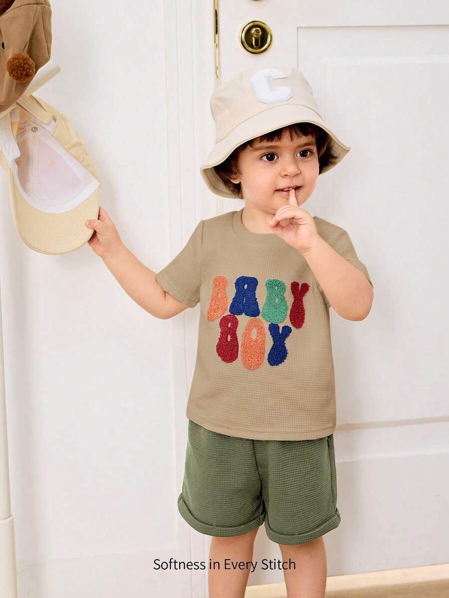 Cozy Pixies 2pcs Baby Boy Letter Pattern Knit Soft Round Neck Short Sleeve Top And Elastic Waist Shorts Set - Multicolor - View 1