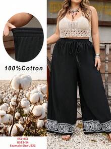 SHEIN CURVE+ Curve 尺码 US22 音乐节、海滨度假、波西米亚风女式印花休闲阔腿裤，时尚日常西部风波西米亚90年代音乐节夏季复古波西米亚春假狂欢波西米亚裤女款夏季裤女阔腿裤 - 黑色 - 查看 7