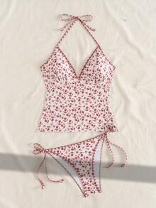 Swim Mod 女士夏季度假休闲沙滩装碎花两件套，包括吊带背心、系带比基尼上衣和条纹系带泳衣 - 彩色 - 查看 6