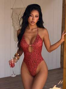 SHEIN Swim Vcay 女士蛇纹印花露背连体泳衣，适合海滩度假 - 彩色 - 查看 4