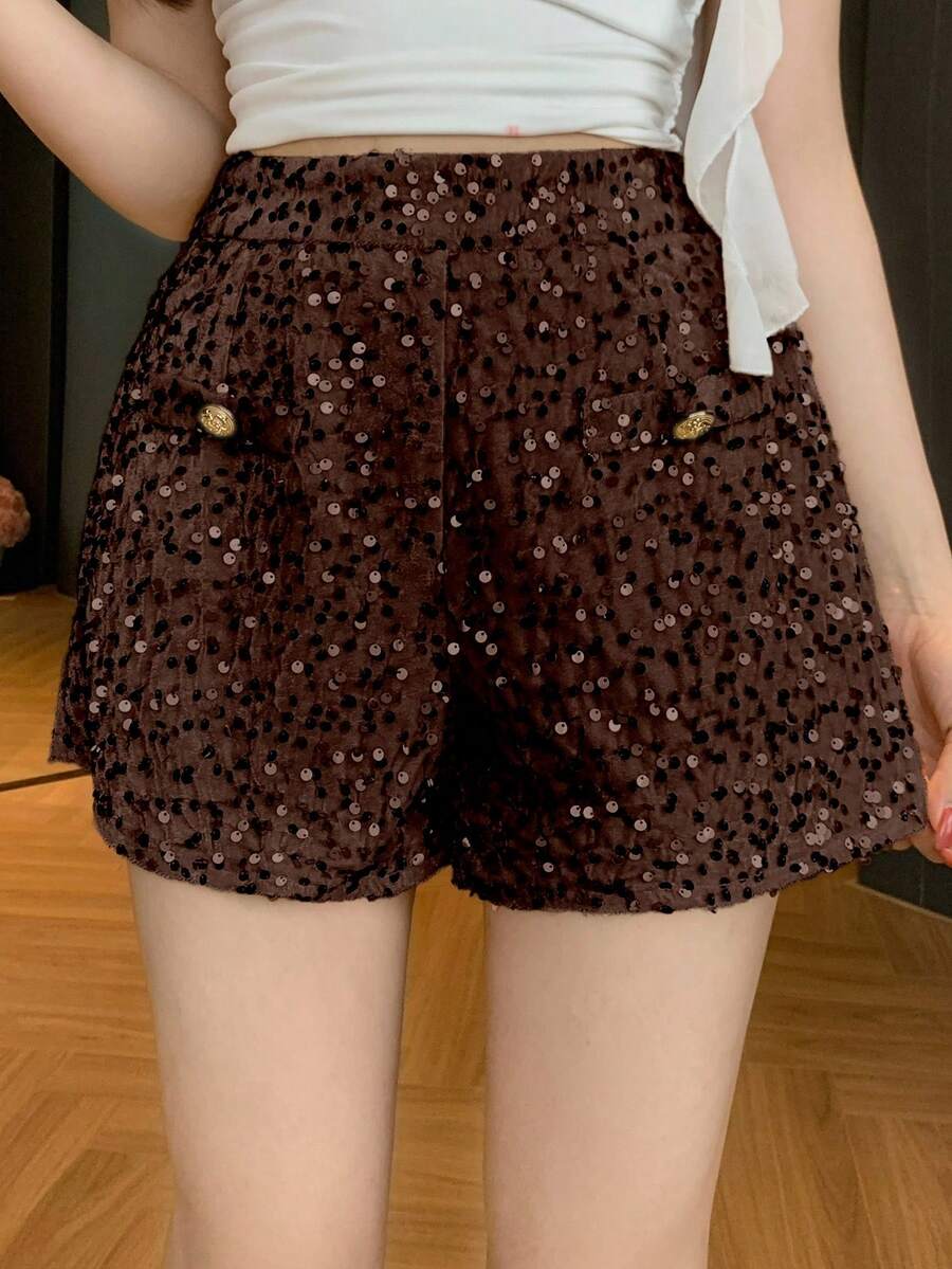 DAZY Women's Elegant Sequin Faux Pocket Shorts, Summer - Coffee Brown - View 1