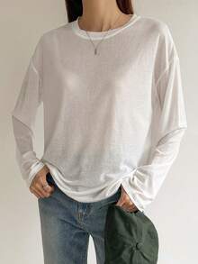 DAZY 女士宽松休闲商务办公长袖T恤，百搭街头风，春夏款 - 白色 - 查看 5