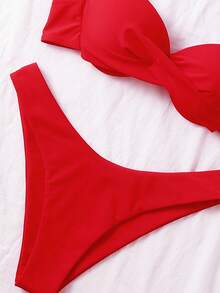 Swim Basics 女士夏季沙滩纯色交叉性感比基尼泳装套装，聚拢型 - 紅色 - 查看 4