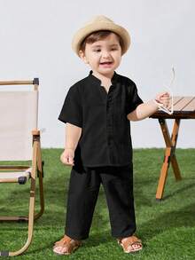 SHEIN Lässiges, locker sitzendes 2 Stücke Set aus Hemd mit Stehkragen und Hose aus gewebtem Uni-Stoff mit kurzen Ärmeln, geeignet für Babyjungen und -mädchen, Frühling/Sommer/Herbst, Outdoor, Urlaub, Alltag, Reisen - Schwarz - Übersicht 4