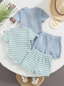4pcs/Set Newborn Baby Boy/Girl Summer Cute Striped Blue Short Sleeve Romper & Shorts 4-Piece Outfit, Suitable For Home & Outings - Multicolor - View 10
