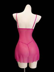 SHEIN 2 件套女士性感无线网眼内衣吊带透视网眼连衣裙和丁字裤，外出 - 玫紅色 - 查看 4