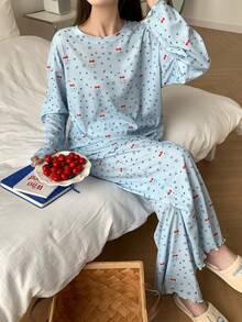 DAZY 2件套女士可爱印花宽松长袖T恤和长裤睡衣套装，春季 - 淺藍色 - 查看 1
