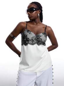 LYSMO 大码女式撞色蕾丝吊带背心 女士夏季穿搭 女士吊带上衣 女士漂亮上衣 女士吊带背心 女士吊带背心 大码背心 吊带背心 大码女式上衣 - 白色 - 查看 3