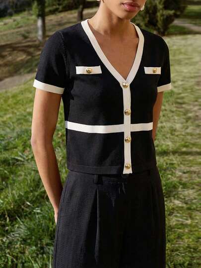 Maija Contrast Trim V-Neck Fitted Knit Top For Women