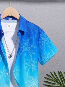 SHEIN 男童夏季休闲渐变棕榈树印花衬衫 - 藍色 - 查看 4