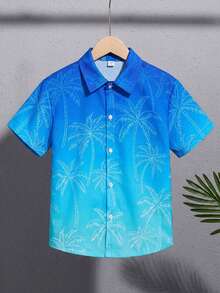 SHEIN 男童夏季休闲渐变棕榈树印花衬衫 - 藍色 - 查看 5