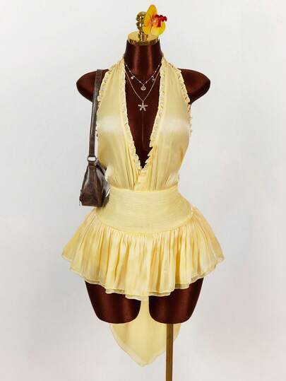 Amplova Women's Solid Color Waist Cinched Deep V-Neck Sleeveless Ruffle Hem Mini Dress, Summer