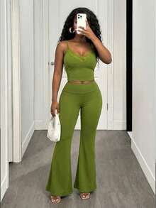 SHEIN SXY 女士性感撞色蕾丝修身吊带背心和喇叭裤套装，夏季 - 綠色 - 查看 1