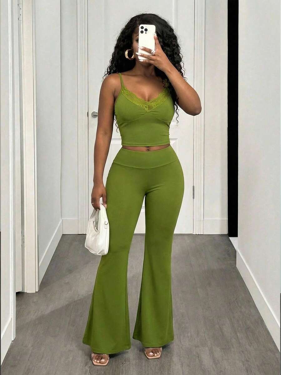 SHEIN SXY 女士性感撞色蕾丝修身吊带背心和喇叭裤套装，夏季 - 綠色 - 查看 1