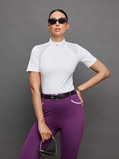 Activina Women's Solid Color Zipper Placket Short Sleeve Equestrian Top