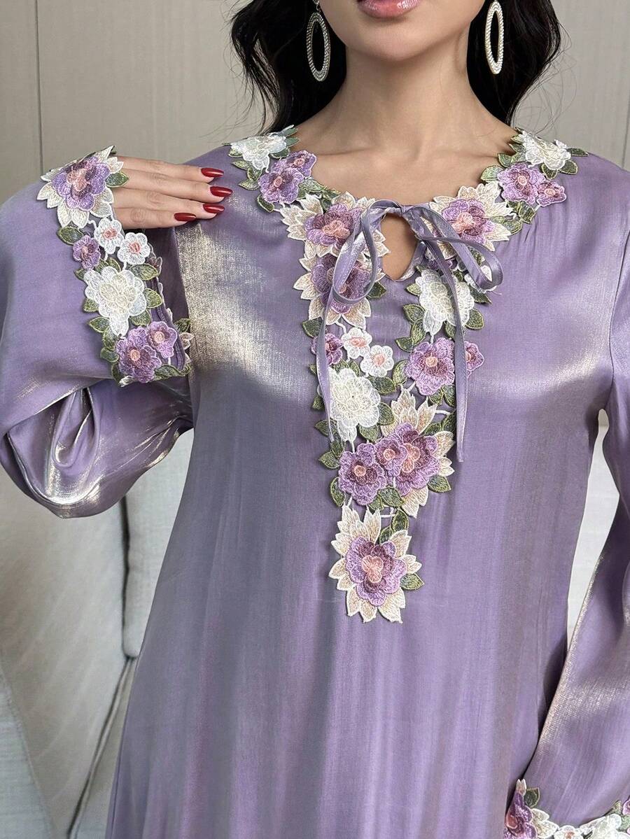 Al Najma Vestido casual de estilo árabe con cuello de corbata y aplicaciones para mujer de talla grande - Morado - Ver 1