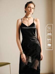 Revavyn Revavyn Women's Black Summer Elegant Long Slip Dress With Satin And Lace Trim,Fitted Waist,Sheer Design,Perfect For Night Out,Wedding Party Or Valentine's Day - Black - View 3