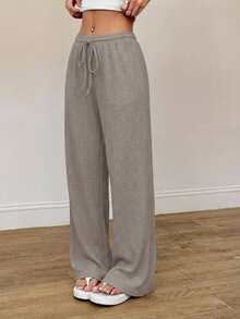 SHEIN PETITE 女士夏季新款针织纹理休闲裤，适合度假穿着，秋冬季居家休闲穿着。 - 灰色 - 查看 4