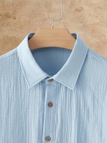 HIMLAND 男士休闲水洗棉质短袖衬衫 - 藍色 - 查看 6