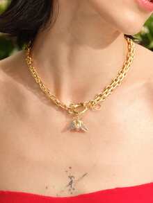 Glisma Exquisite Bling Cubic Zirconia Heart Chic Necklace Pendant Freshwater Faux Pearl Chunky Chain Luxury Jewelry Delicate Gift 2024 Valentines - Turquoise Pearl - View 2