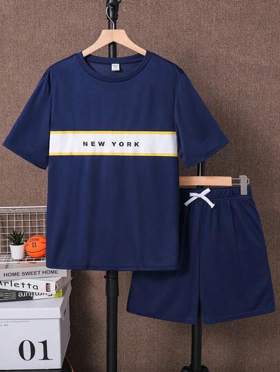 SHEIN 2pcs/Set Teen Boys Casual Loose Letter Print Short Sleeve Top And Shorts Outfit, Suitable For Spring/Summer , Daily Wear, Sports, Outings, School, Parties, Festivals, Photoshoots